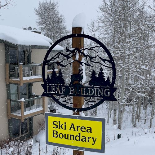 A snow-covered sign reads "Ski Area Boundary" in front of a building surrounded by snowy trees.