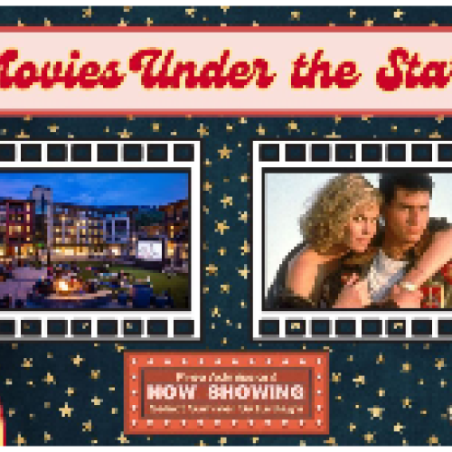 The image promotes "Movies Under the Stars" with movie stills, a festive background, and elements like popcorn and tickets.