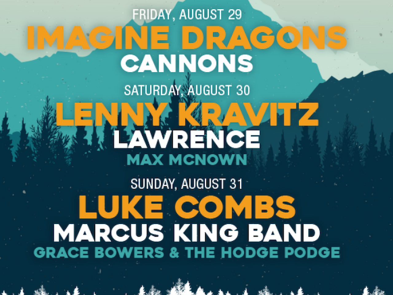 The image lists a music festival schedule with performances by Imagine Dragons, Lenny Kravitz, and Luke Combs over three days.