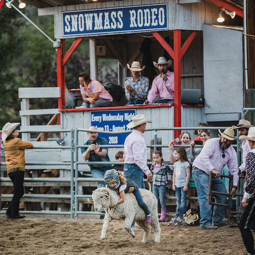 A lively rodeo scene with participants in cowboy attire, a crowd watching, and a child riding a sheep at Snowmass Rodeo.
