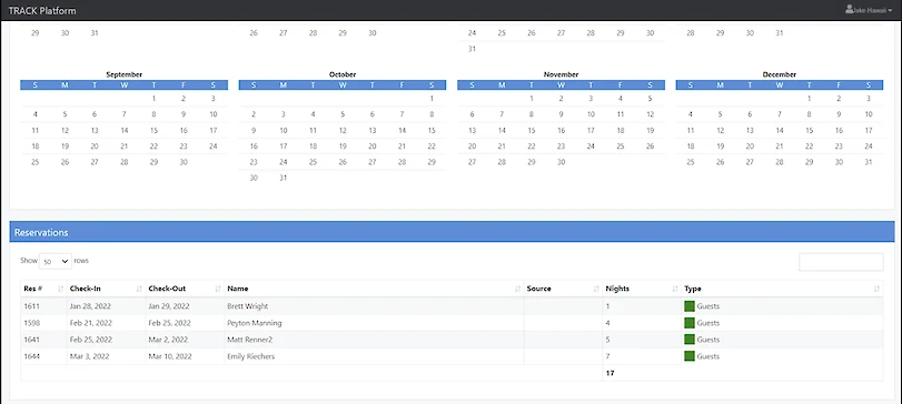 A calendar-style booking dashboard showing a three-month view (September&ndash;December) with a reservations list below, including check-in/out dates, guest names, sources, nights, and room types. ends with period.