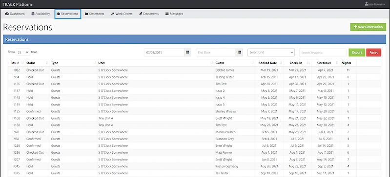 A screenshot of a hotel/venue reservation system showing a list of reservations with details like name, date, status, and unit type, among other fields. End sentence.