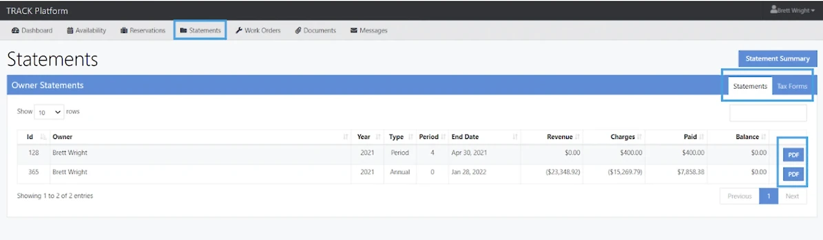 A software dashboard showing a &ldquo;Statements&rdquo; page with owner statements: a table of 2 entries for Brett Wright, year 2021, revenue, charges, balance; tabs on the right for Statement Summary and PDF button, plus navigation controls.