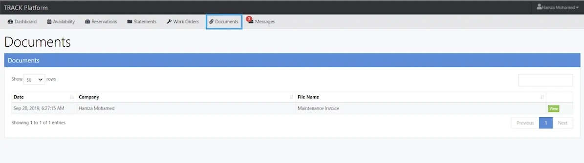 A screenshot of a web app showing a &ldquo;Documents&rdquo; page with one entry (Date, Company, File Name: Maintenance Invoice) and navigation controls.